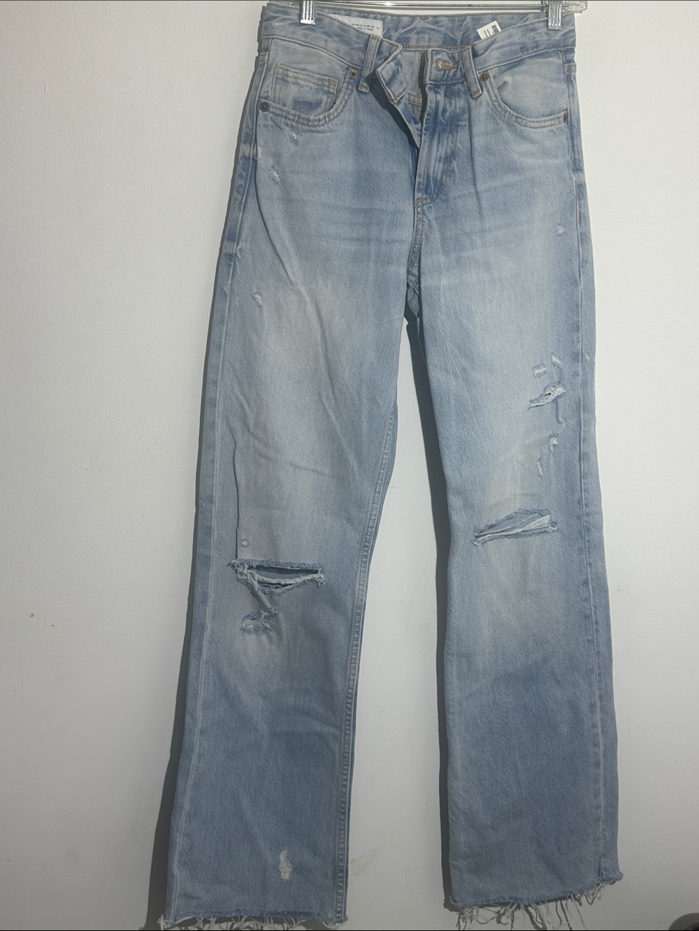 Zara Pale Blue Straight Leg Distressed Jeans